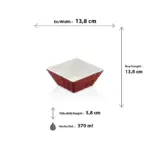 13,8x13,8 cm ölçülerinde, 5,8 cm yüksekliğe ve 570 ml hacme sahip dışı kendinden dalga desenli parlak mürdüm kırmızı içi beyaz porsiyonluk kare HappyChef melamin açık büfe meze, sos ve çerez kasesi.