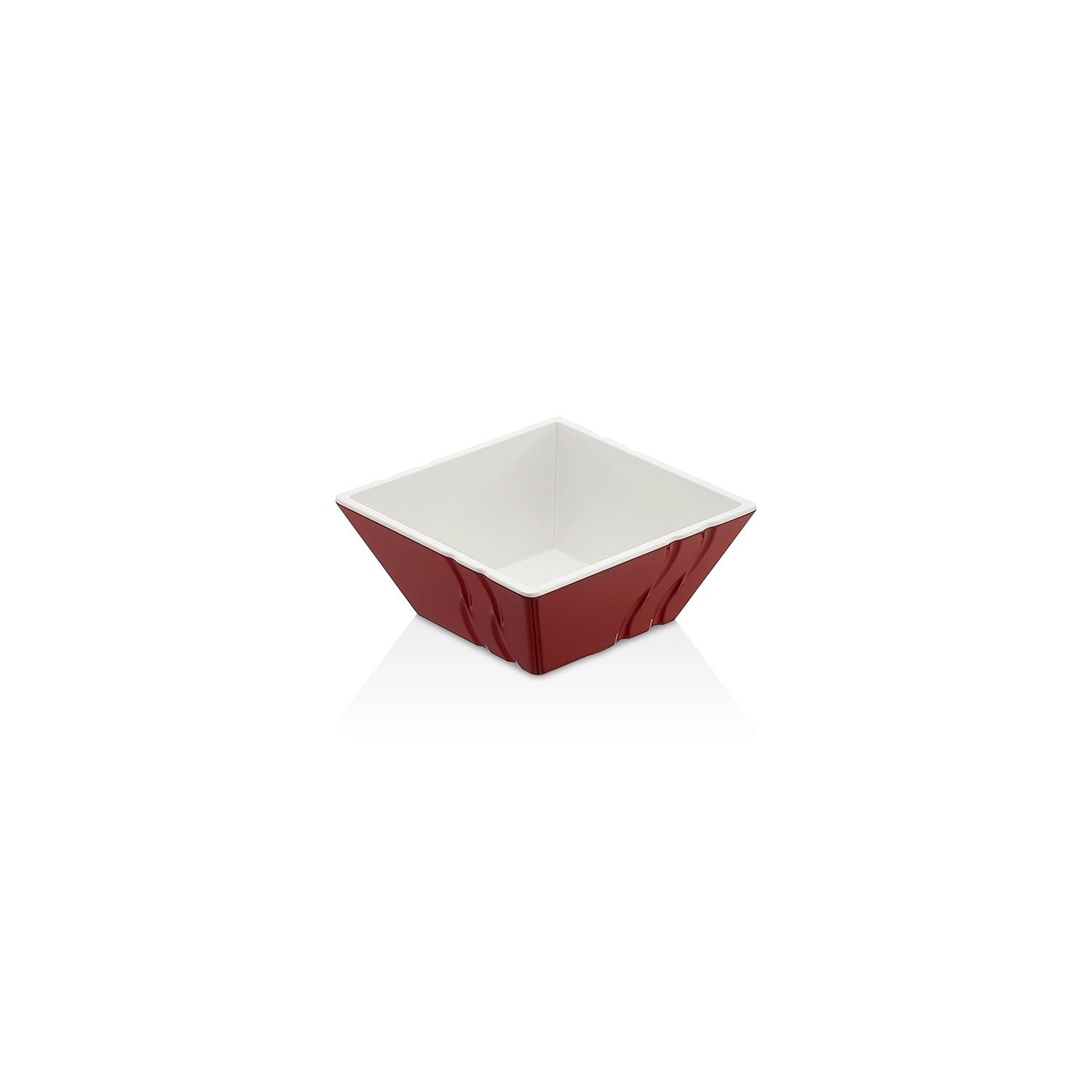 HappyChef Çift Renkli Kare Sunum Kasesi Mürdüm-Beyaz – 13,8x13,8 cm / 570 ml 13,8x13,8 cm ölçülerinde, 5,8 cm yüksekliğe ve 570 ml hacme sahip dışı kendinden dalga desenli parlak mürdüm kırmızı içi beyaz porsiyonluk kare HappyChef melamin açık büfe meze, sos ve çerez kasesi.
