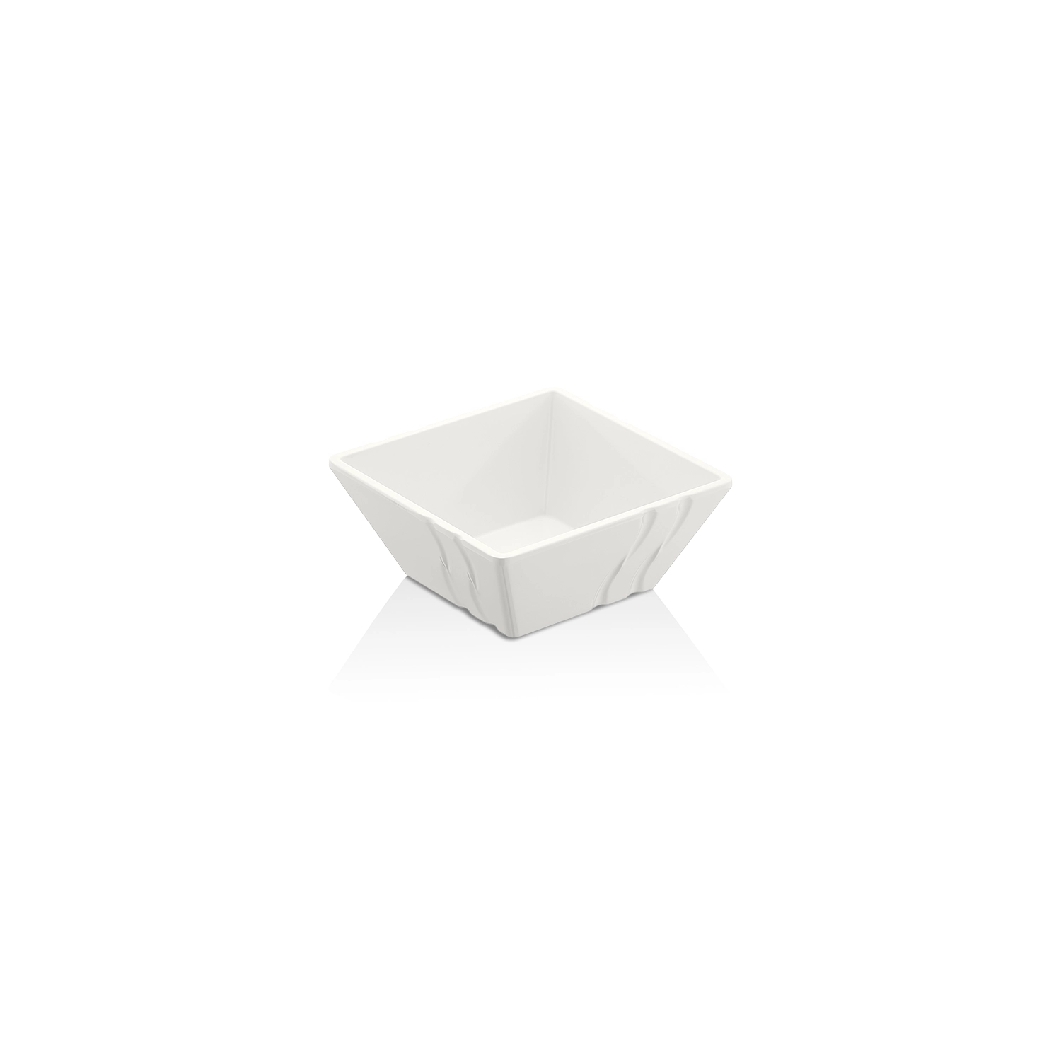 HappyChef Dalga Desenli Kare Sunum Kasesi Beyaz – 13,8x13,8 cm / 570 ml 13,8x13,8 cm ölçülerinde, 5,8 cm yüksekliğe ve 570 ml hacme sahip kendinden dalga desenli parlak beyaz porsiyonluk kare HappyChef melamin açık büfe meze, sos ve çerez kasesi.