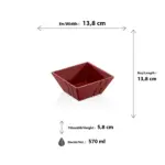 13,8x13,8 cm ölçülerinde, 5,8 cm yüksekliğe ve 570 ml hacme sahip kendinden dalga desenli parlak mürdüm kırmızı porsiyonluk kare HappyChef melamin açık büfe meze, sos ve çerez kasesi.