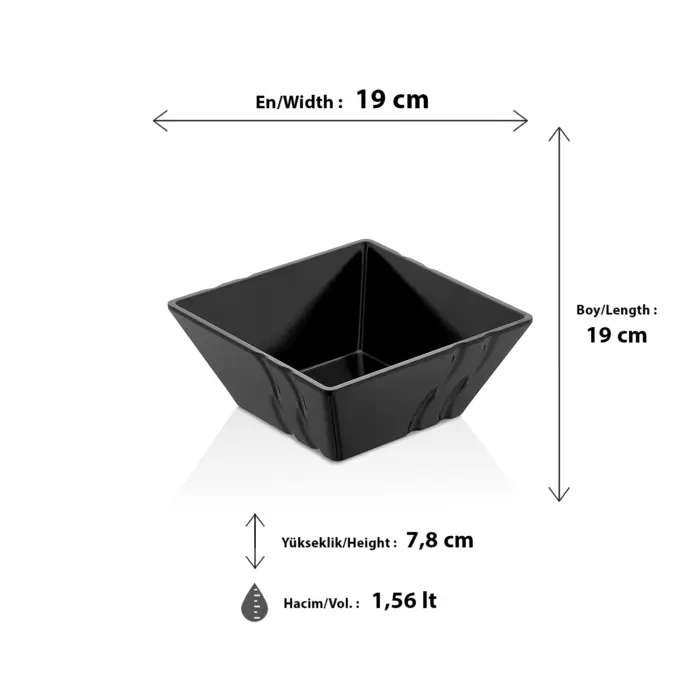 19x19 cm ölçülerinde, 7,8 cm yüksekliğe ve 1,56 litre hacme sahip kendinden dalga desenli parlak siyah kare HappyChef melamin açık büfe salata reyonu ve meze teşhir kasesi.