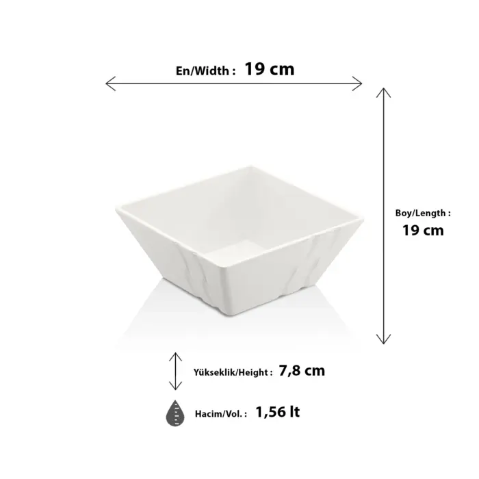 19x19 cm ölçülerinde, 7,8 cm yüksekliğe ve 1,56 litre hacme sahip kendinden dalga desenli parlak beyaz kare HappyChef melamin açık büfe salata reyonu ve meze teşhir kasesi.