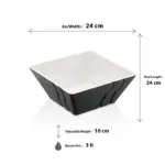 24x24 cm ölçülerinde, 10 cm yüksekliğe ve 3 litre hacme sahip dışı kendinden dalga desenli parlak siyah içi beyaz kare HappyChef melamin açık büfe salata, meze ve teşhir kasesi.
