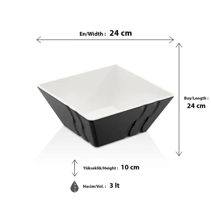 24x24 cm ölçülerinde, 10 cm yüksekliğe ve 3 litre hacme sahip dışı kendinden dalga desenli parlak siyah içi beyaz kare HappyChef melamin açık büfe salata, meze ve teşhir kasesi.
