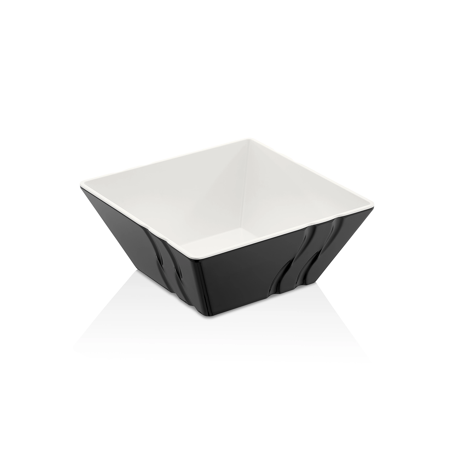 HappyChef Çift Renkli Kare Sunum Kasesi Siyah-Beyaz – 24x24 cm / 3 Lt 24x24 cm ölçülerinde, 10 cm yüksekliğe ve 3 litre hacme sahip dışı kendinden dalga desenli parlak siyah içi beyaz kare HappyChef melamin açık büfe salata, meze ve teşhir kasesi.