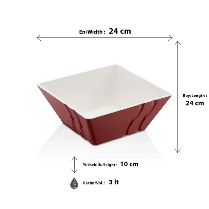 24x24 cm ölçülerinde, 10 cm yüksekliğe ve 3 litre hacme sahip dışı kendinden dalga desenli parlak mürdüm kırmızı içi beyaz kare HappyChef melamin açık büfe salata, meze ve teşhir kasesi.