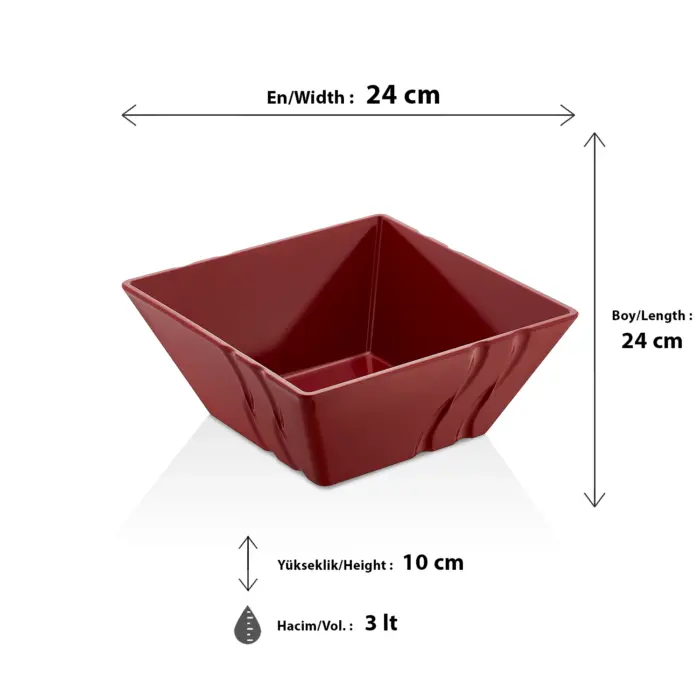 24x24 cm ölçülerinde, 10 cm yüksekliğe ve 3 litre hacme sahip kendinden dalga desenli parlak mürdüm kırmızı kare HappyChef melamin açık büfe salata reyonu ve meze teşhir kasesi.