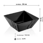 30x30 cm ölçülerinde, 12,5 cm yüksekliğe ve 6,4 litre hacme sahip kendinden dalga desenli parlak siyah kare HappyChef melamin açık büfe salata reyonu ve ziyafet teşhir kasesi.