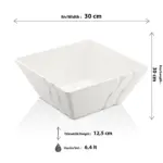 30x30 cm ölçülerinde, 12,5 cm yüksekliğe ve 6,4 litre hacme sahip kendinden dalga desenli parlak beyaz kare HappyChef melamin açık büfe salata reyonu ve ziyafet teşhir kasesi.