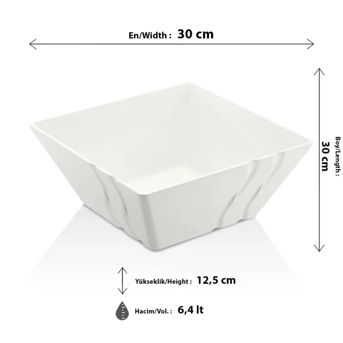 30x30 cm ölçülerinde, 12,5 cm yüksekliğe ve 6,4 litre hacme sahip kendinden dalga desenli parlak beyaz kare HappyChef melamin açık büfe salata reyonu ve ziyafet teşhir kasesi.