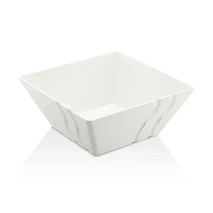 30x30 cm ölçülerinde, 12,5 cm yüksekliğe ve 6,4 litre hacme sahip kendinden dalga desenli parlak beyaz kare HappyChef melamin açık büfe salata reyonu ve ziyafet teşhir kasesi.