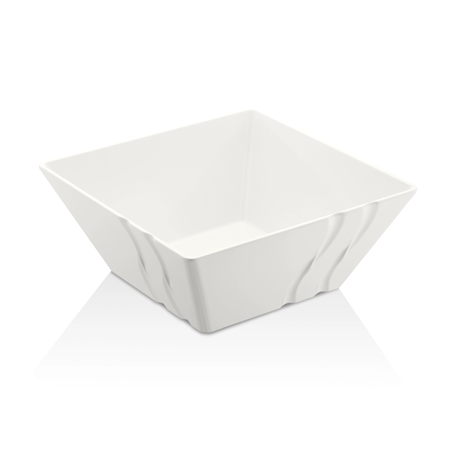 HappyChef Dalga Desenli Kare Sunum Kasesi Beyaz – 30x30 cm / 6,4 Lt 30x30 cm ölçülerinde, 12,5 cm yüksekliğe ve 6,4 litre hacme sahip kendinden dalga desenli parlak beyaz kare HappyChef melamin açık büfe salata reyonu ve ziyafet teşhir kasesi.