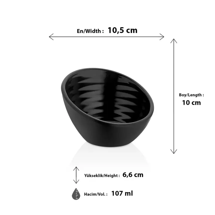 10,5x10 cm ölçülerinde, 6,6 cm yüksekliğe ve 107 ml hacme sahip parlak siyah eğik ağızlı mini HappyChef melamin açık büfe sos, meze ve tadım kasesi.