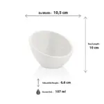 10,5x10 cm ölçülerinde, 6,6 cm yüksekliğe ve 107 ml hacme sahip parlak beyaz eğik ağızlı mini HappyChef melamin açık büfe sos, kahvaltı ve tadım kasesi.