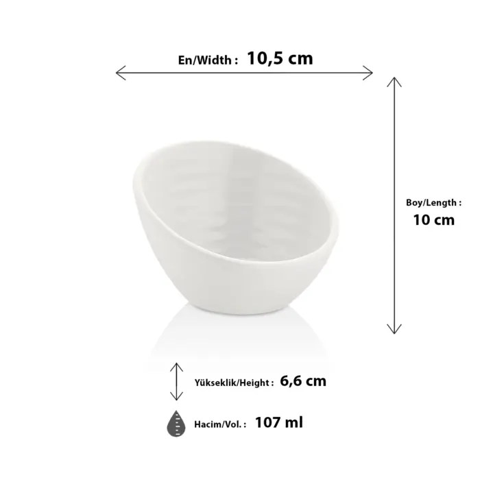10,5x10 cm ölçülerinde, 6,6 cm yüksekliğe ve 107 ml hacme sahip parlak beyaz eğik ağızlı mini HappyChef melamin açık büfe sos, kahvaltı ve tadım kasesi.
