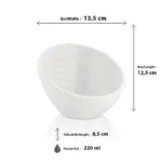 13,5x12,5 cm ölçülerinde, 8,5 cm yüksekliğe ve 220 ml hacme sahip parlak beyaz eğik ağızlı mini HappyChef melamin açık büfe sos, çerez ve reçel kasesi.