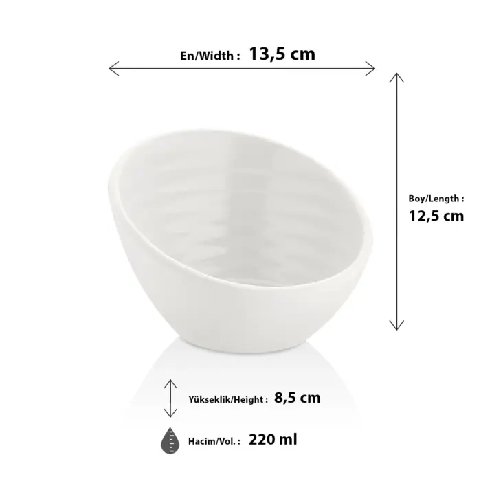 13,5x12,5 cm ölçülerinde, 8,5 cm yüksekliğe ve 220 ml hacme sahip parlak beyaz eğik ağızlı mini HappyChef melamin açık büfe sos, çerez ve reçel kasesi.