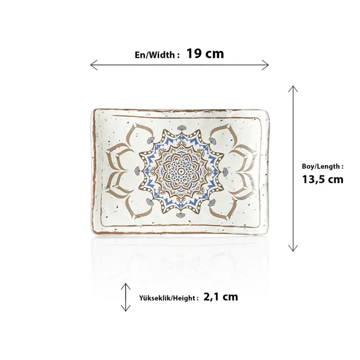 19x13,5 cm ölçülerinde, 2,1 cm yüksekliğe sahip krem terrazzo zeminli mavi ve kahverengi çini mandala desenli mini dikdörtgen HappyChef sunum tabağı ve porsiyonluk meze teşhir tepsisi.