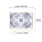 27,7x19,2 cm ölçülerinde, 2,8 cm yüksekliğe sahip antik beyaz çatlatma zeminli mavi Helenistik çini desenli porsiyonluk dikdörtgen HappyChef açık büfe sunum ve meze teşhir tabağı.