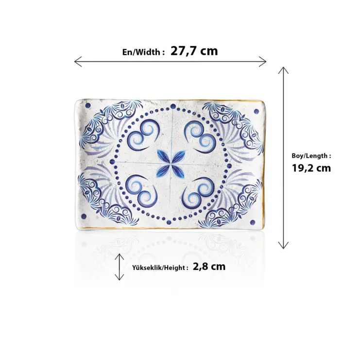 27,7x19,2 cm ölçülerinde, 2,8 cm yüksekliğe sahip antik beyaz çatlatma zeminli mavi Helenistik çini desenli porsiyonluk dikdörtgen HappyChef açık büfe sunum ve meze teşhir tabağı.