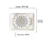 27,7x19,2 cm ölçülerinde, 2,8 cm yüksekliğe sahip krem terrazzo zeminli mavi ve kahverengi çini mandala desenli porsiyonluk dikdörtgen HappyChef açık büfe sunum ve meze teşhir tabağı.