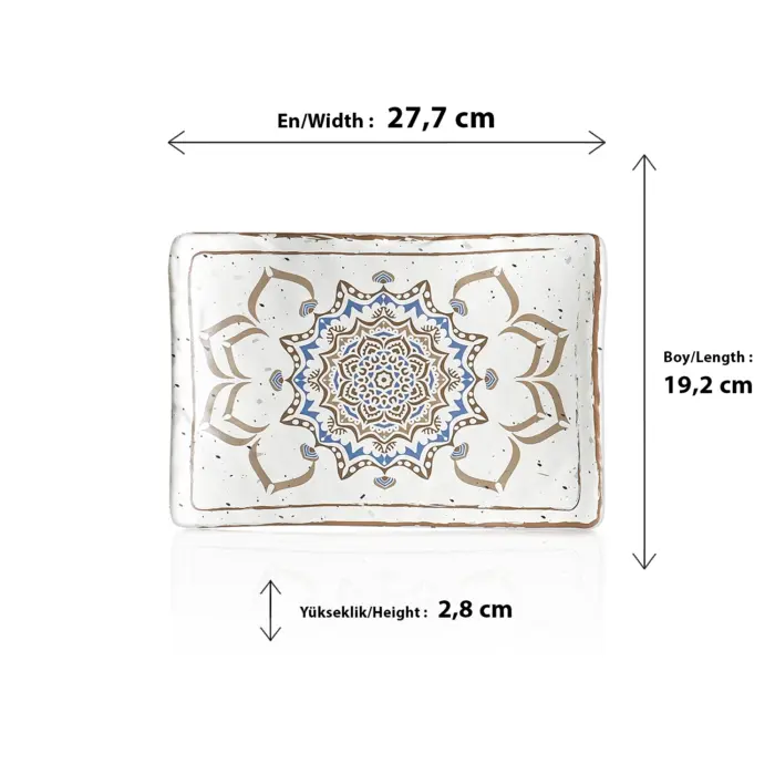 27,7x19,2 cm ölçülerinde, 2,8 cm yüksekliğe sahip krem terrazzo zeminli mavi ve kahverengi çini mandala desenli porsiyonluk dikdörtgen HappyChef açık büfe sunum ve meze teşhir tabağı.