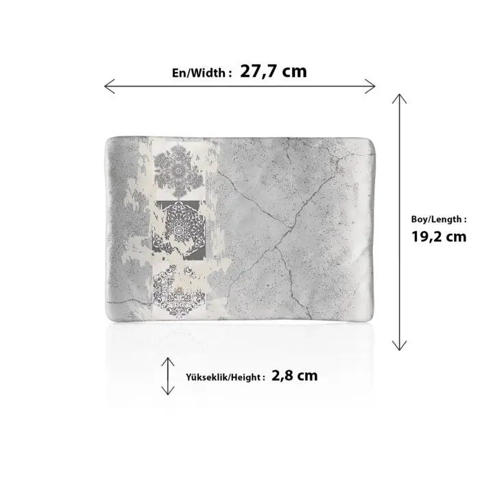 27,7x19,2 cm ölçülerinde, 2,8 cm yüksekliğe sahip gri beton efektli ve etnik mandala desenli dikdörtgen HappyChef açık büfe sunum ve meze teşhir tabağı.