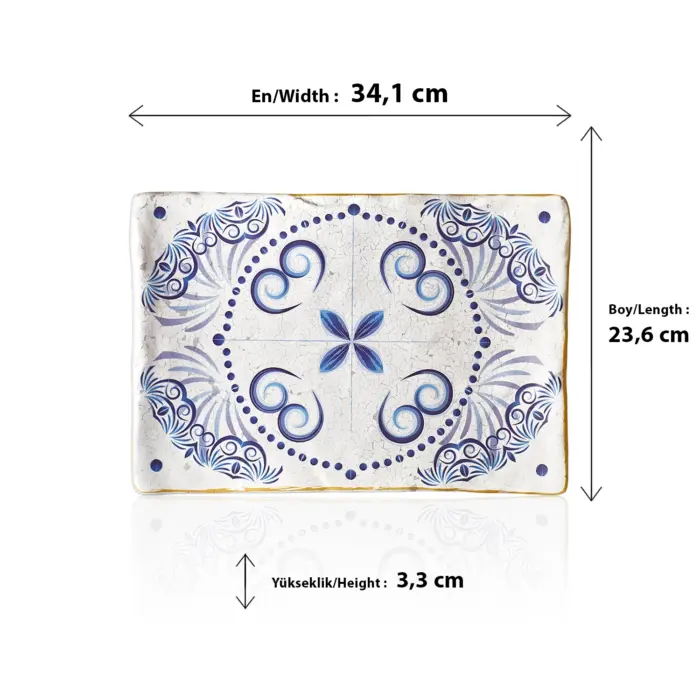 34,1x23,6 cm ölçülerinde, 3,3 cm yüksekliğe sahip antik beyaz çatlatma zeminli mavi Helenistik çini desenli dikdörtgen HappyChef açık büfe sunum ve meze teşhir tabağı.
