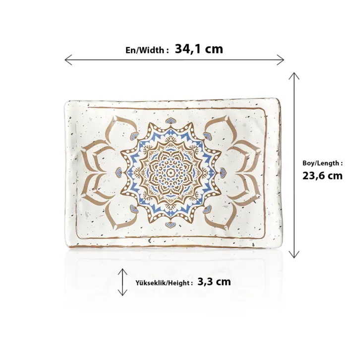 34,1x23,6 cm ölçülerinde, 3,3 cm yüksekliğe sahip krem terrazzo zeminli mavi ve kahverengi çini mandala desenli dikdörtgen HappyChef açık büfe sunum ve meze teşhir tabağı.