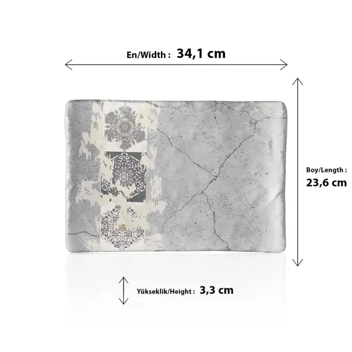 34,1x23,6 cm ölçülerinde, 3,3 cm yüksekliğe sahip gri beton efektli ve etnik mandala desenli dikdörtgen HappyChef açık büfe sunum ve meze teşhir tabağı.