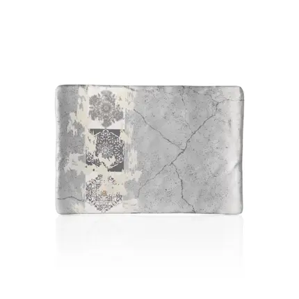 34,1x23,6 cm ölçülerinde, 3,3 cm yüksekliğe sahip gri beton efektli ve etnik mandala desenli dikdörtgen HappyChef açık büfe sunum ve meze teşhir tabağı.