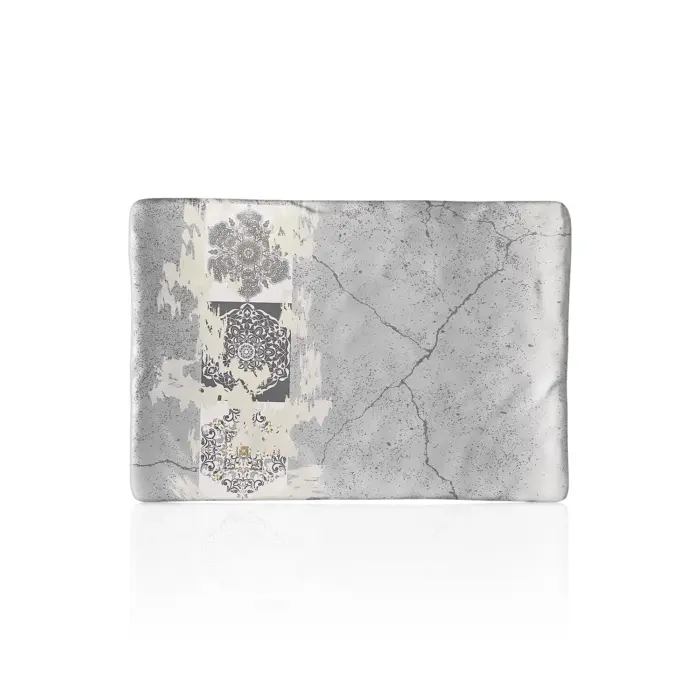 34,1x23,6 cm ölçülerinde, 3,3 cm yüksekliğe sahip gri beton efektli ve etnik mandala desenli dikdörtgen HappyChef açık büfe sunum ve meze teşhir tabağı.
