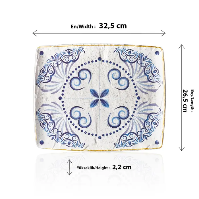 32,5x26,5 cm ölçülerinde, 2,2 cm yüksekliğe sahip antik beyaz çatlatma zeminli mavi Helenistik çini desenli geniş dikdörtgen HappyChef açık büfe sunum ve meze teşhir tabağı.