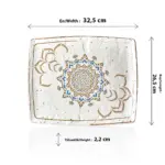 32,5x26,5 cm ölçülerinde, 2,2 cm yüksekliğe sahip krem terrazzo zeminli mavi ve kahverengi Akdeniz mandala desenli geniş dikdörtgen HappyChef açık büfe sunum ve meze teşhir tabağı.