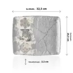 32,5x26,5 cm ölçülerinde, 2,2 cm yüksekliğe sahip gri beton efektli ve etnik mandala desenli geniş dikdörtgen HappyChef açık büfe sunum ve meze teşhir tabağı.