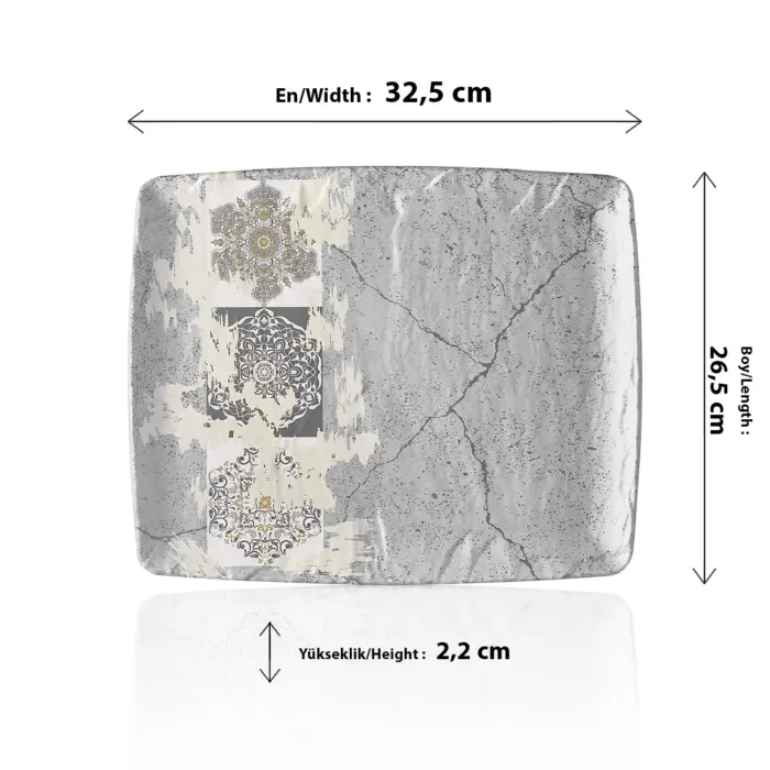 32,5x26,5 cm ölçülerinde, 2,2 cm yüksekliğe sahip gri beton efektli ve etnik mandala desenli geniş dikdörtgen HappyChef açık büfe sunum ve meze teşhir tabağı.
