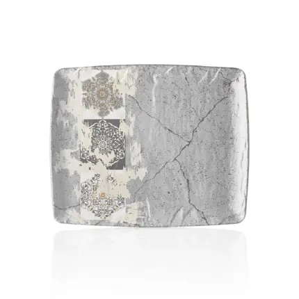 32,5x26,5 cm ölçülerinde, 2,2 cm yüksekliğe sahip gri beton efektli ve etnik mandala desenli geniş dikdörtgen HappyChef açık büfe sunum ve meze teşhir tabağı.