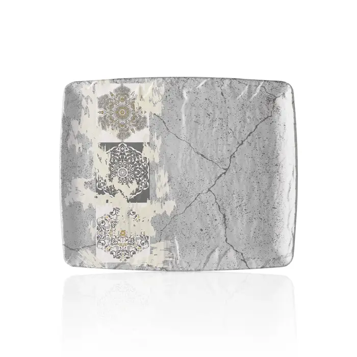 32,5x26,5 cm ölçülerinde, 2,2 cm yüksekliğe sahip gri beton efektli ve etnik mandala desenli geniş dikdörtgen HappyChef açık büfe sunum ve meze teşhir tabağı.