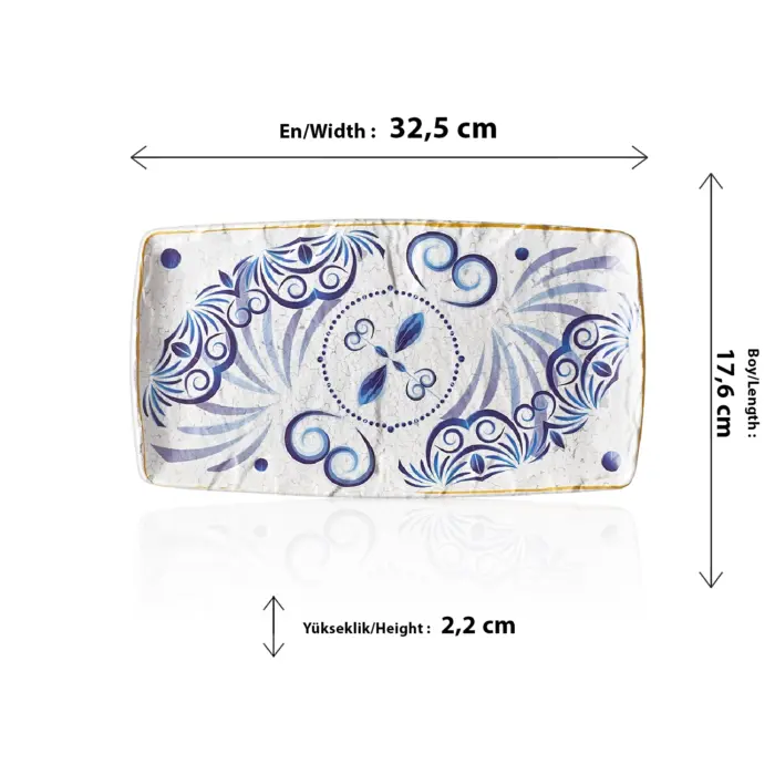 32,5x17,6 cm ölçülerinde, 2,2 cm yüksekliğe sahip antik beyaz çatlatma zeminli mavi Helenistik çini desenli dar uzun dikdörtgen HappyChef açık büfe sunum ve meze teşhir tabağı.