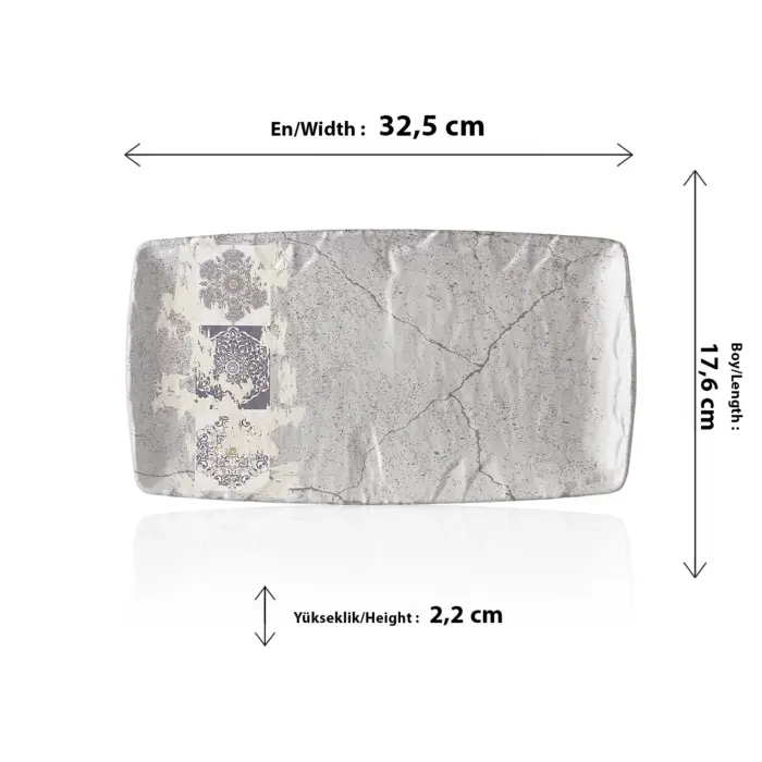 32,5x17,6 cm ölçülerinde, 2,2 cm yüksekliğe sahip gri beton efektli ve etnik mandala desenli uzun ince dikdörtgen HappyChef açık büfe sunum ve meze teşhir tabağı.
