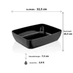 32,5x26,5 cm ölçülerinde, 7,5 cm yüksekliğe ve 3,8 litre hacme sahip parlak siyah geniş dikdörtgen HappyChef melamin açık büfe ve meze reyonu teşhir küveti.