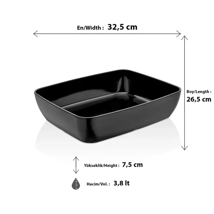 32,5x26,5 cm ölçülerinde, 7,5 cm yüksekliğe ve 3,8 litre hacme sahip parlak siyah geniş dikdörtgen HappyChef melamin açık büfe ve meze reyonu teşhir küveti.
