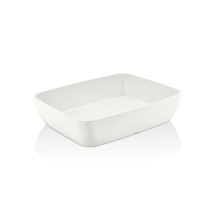 32,5x26,5 cm ölçülerinde, 7,5 cm yüksekliğe ve 3,8 litre hacme sahip parlak beyaz geniş dikdörtgen HappyChef melamin açık büfe ve meze reyonu teşhir küveti.