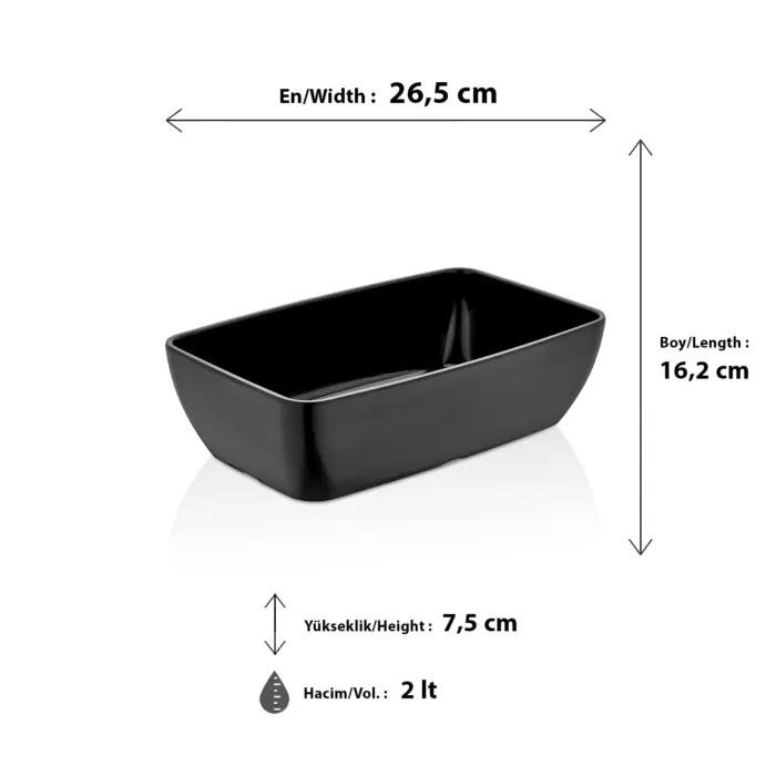 26,5x16,2 cm ölçülerinde, 7,5 cm yüksekliğe ve 2 litre hacme sahip parlak siyah dikdörtgen HappyChef melamin açık büfe ve meze reyonu teşhir küveti.