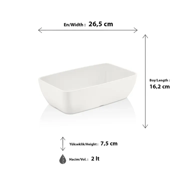 26,5x16,2 cm ölçülerinde, 7,5 cm yüksekliğe ve 2 litre hacme sahip parlak beyaz dikdörtgen HappyChef melamin açık büfe ve meze reyonu teşhir küveti.