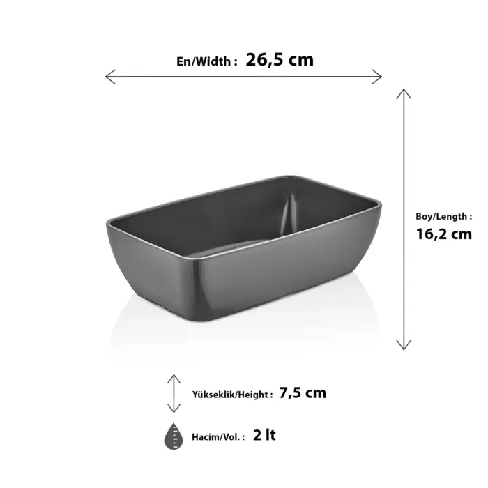 26,5x16,2 cm ölçülerinde, 7,5 cm yüksekliğe ve 2 litre hacme sahip parlak gri antrasit dikdörtgen HappyChef melamin açık büfe ve meze reyonu teşhir küveti.