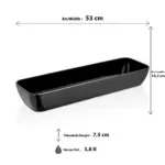 53x16,2 cm ölçülerinde, 7,5 cm yüksekliğe ve 3,8 litre hacme sahip parlak siyah uzun dikdörtgen HappyChef melamin açık büfe ve meze reyonu teşhir küveti.