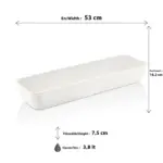 53x16,2 cm ölçülerinde, 7,5 cm yüksekliğe ve 3,8 litre hacme sahip parlak beyaz uzun dikdörtgen HappyChef melamin açık büfe ve meze reyonu teşhir küveti.