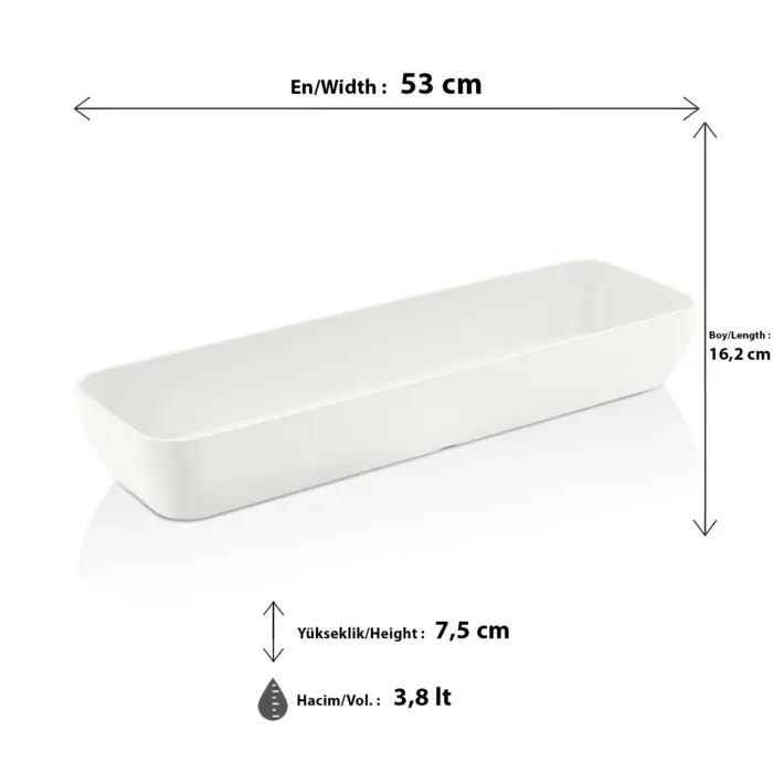 53x16,2 cm ölçülerinde, 7,5 cm yüksekliğe ve 3,8 litre hacme sahip parlak beyaz uzun dikdörtgen HappyChef melamin açık büfe ve meze reyonu teşhir küveti.