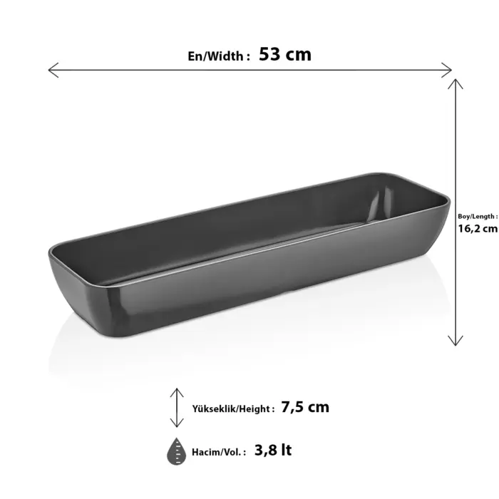 53x16,2 cm ölçülerinde, 7,5 cm yüksekliğe ve 3,8 litre hacme sahip parlak gri antrasit uzun dikdörtgen HappyChef melamin açık büfe ve meze reyonu teşhir küveti.